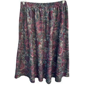 Plus Preferred Vintage Womens Floral Pink Tan Tapestry Print Full A-Line Skirt 1